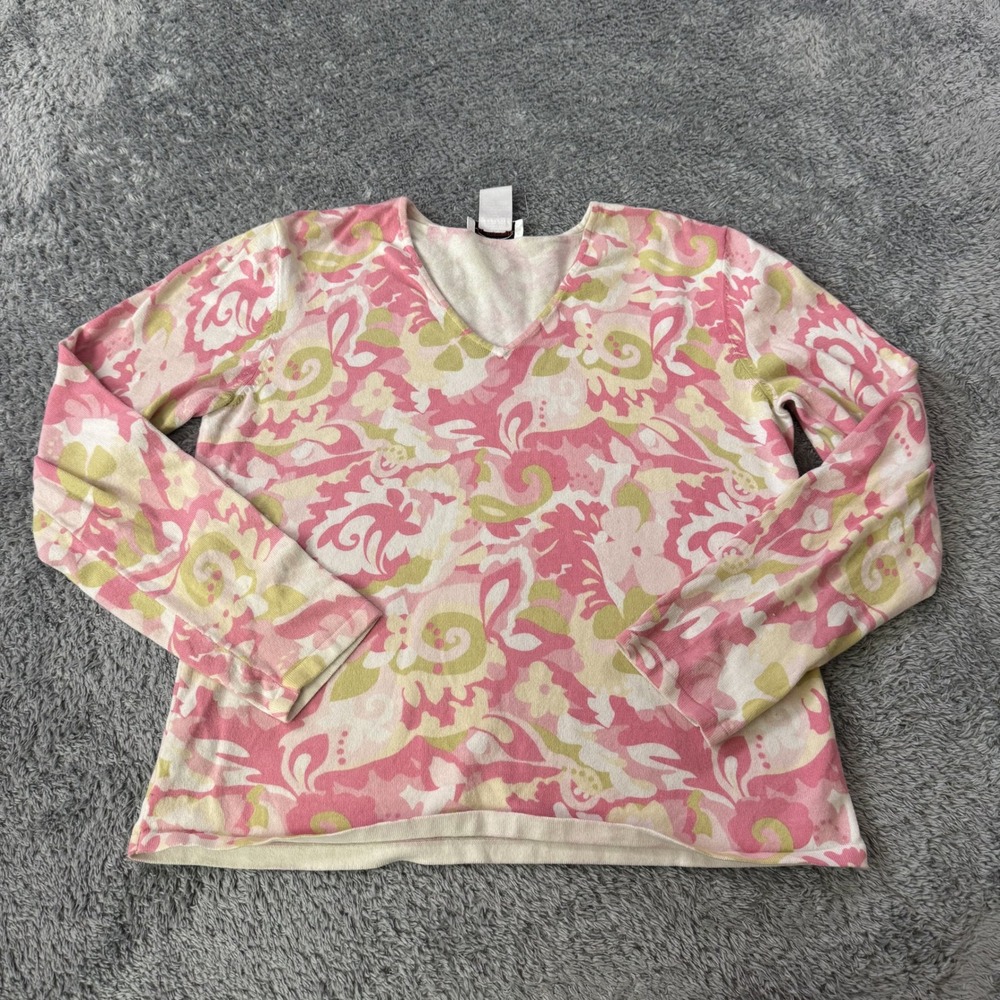 Talbots Womens V-Neck Sweater Medium Pink Paisley Silk Blend